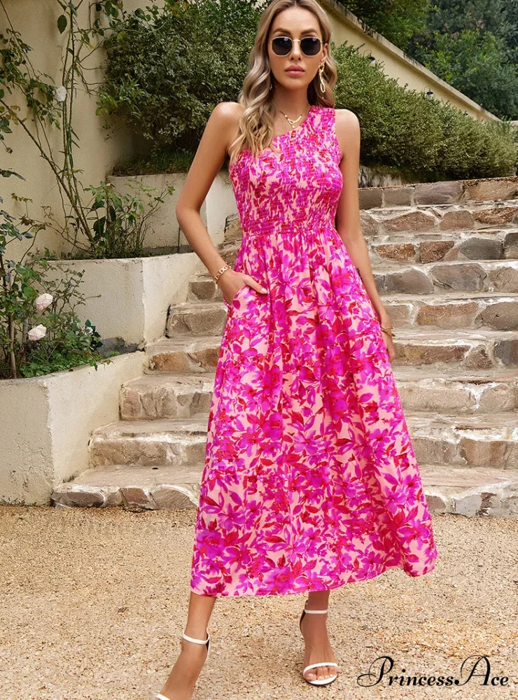 One Shoulder Printed Long Dress with Pocket - Image 2