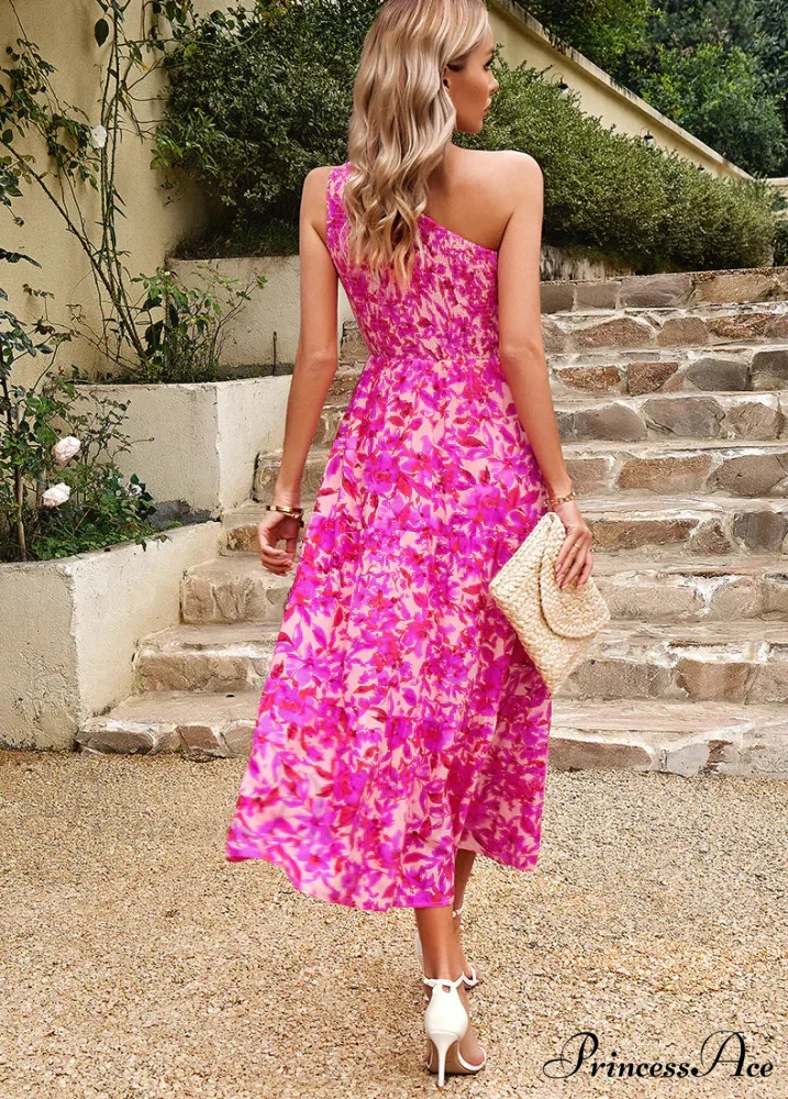 One Shoulder Printed Long Dress with Pocket - Image 3