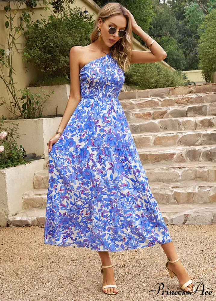 One Shoulder Printed Long Dress with Pocket - Image 5