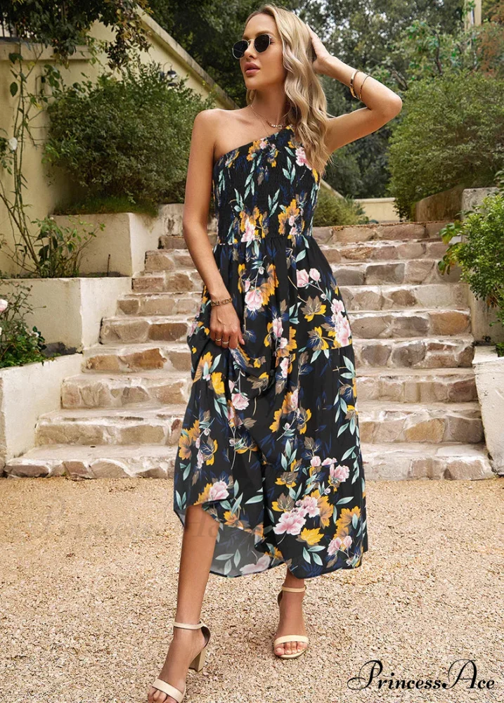 One Shoulder Printed Long Dress with Pocket - Image 8