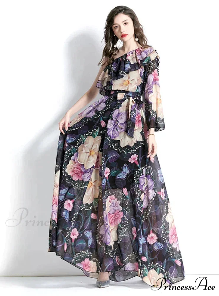 Ruffled Beach Print Dress with One-Shoulder - Image 2