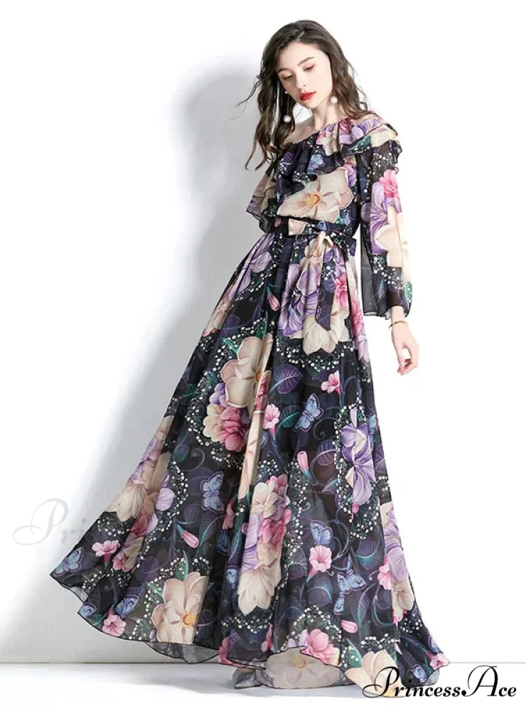 Ruffled Beach Print Dress with One-Shoulder - Image 3