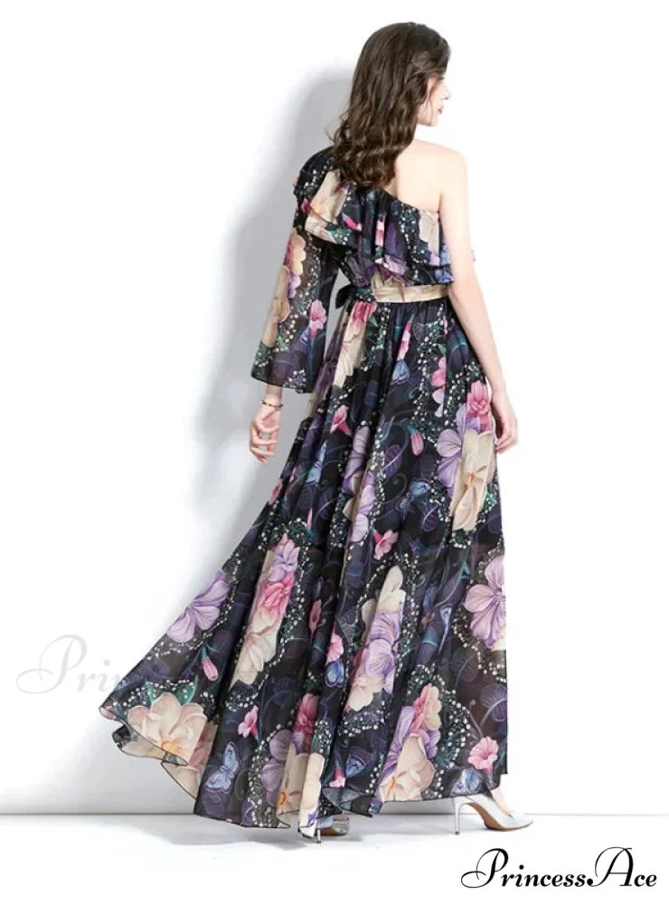 Ruffled Beach Print Dress with One-Shoulder - Image 4