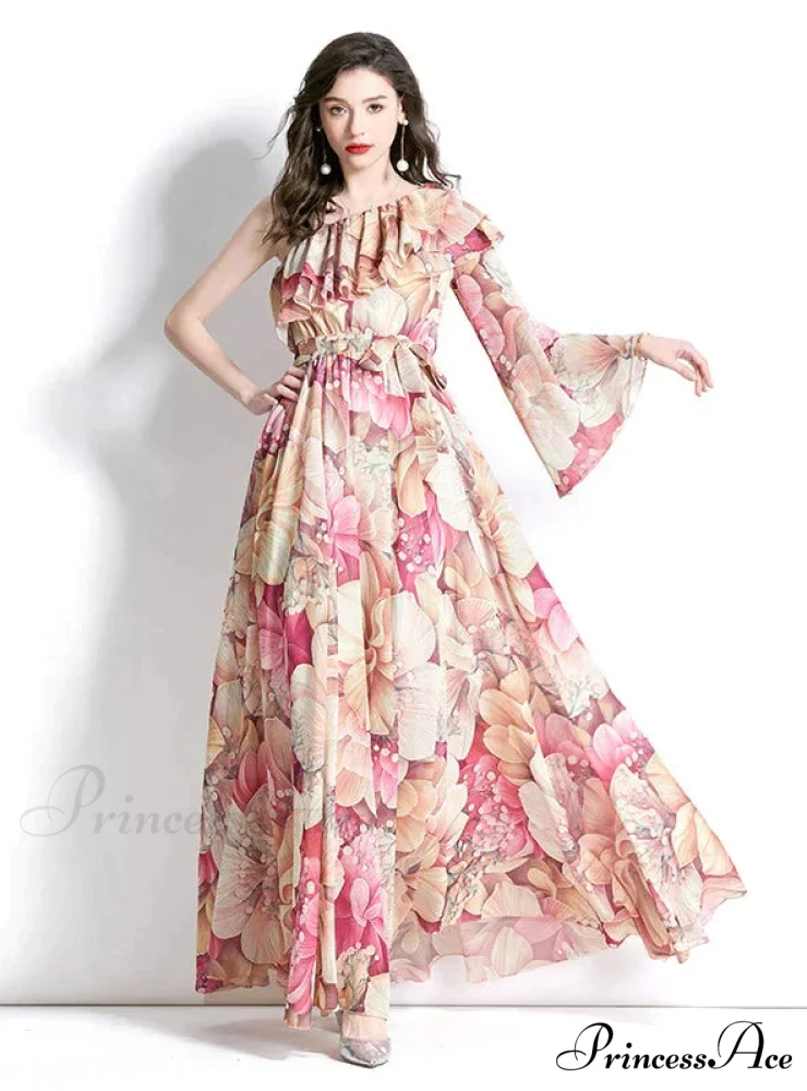 Ruffled Beach Print Dress with One-Shoulder - Image 5