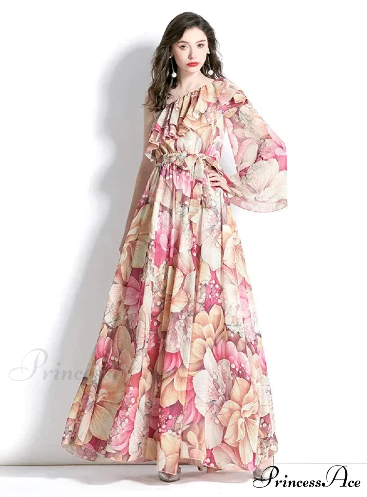 Ruffled Beach Print Dress with One-Shoulder - Image 6
