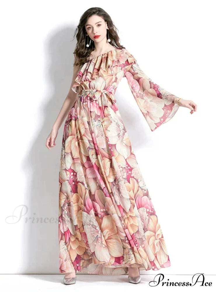 Ruffled Beach Print Dress with One-Shoulder - Image 7