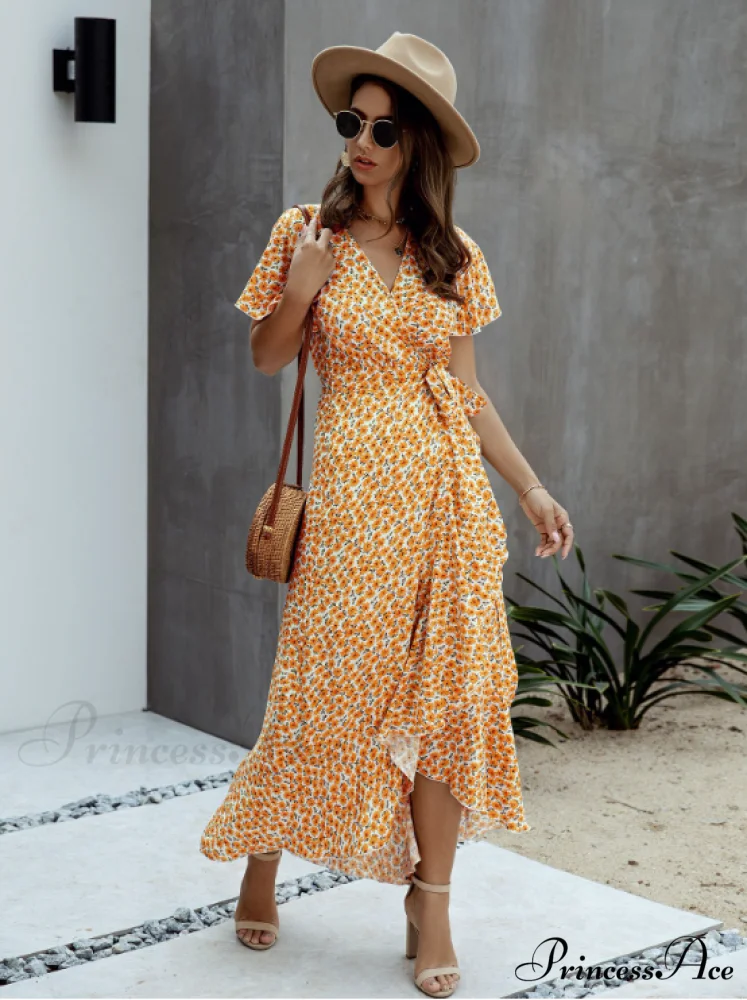 Pink Polka Dot V-Neck Ruffle Short-Sleeved Beach Vacation Summer Dress - Image 10