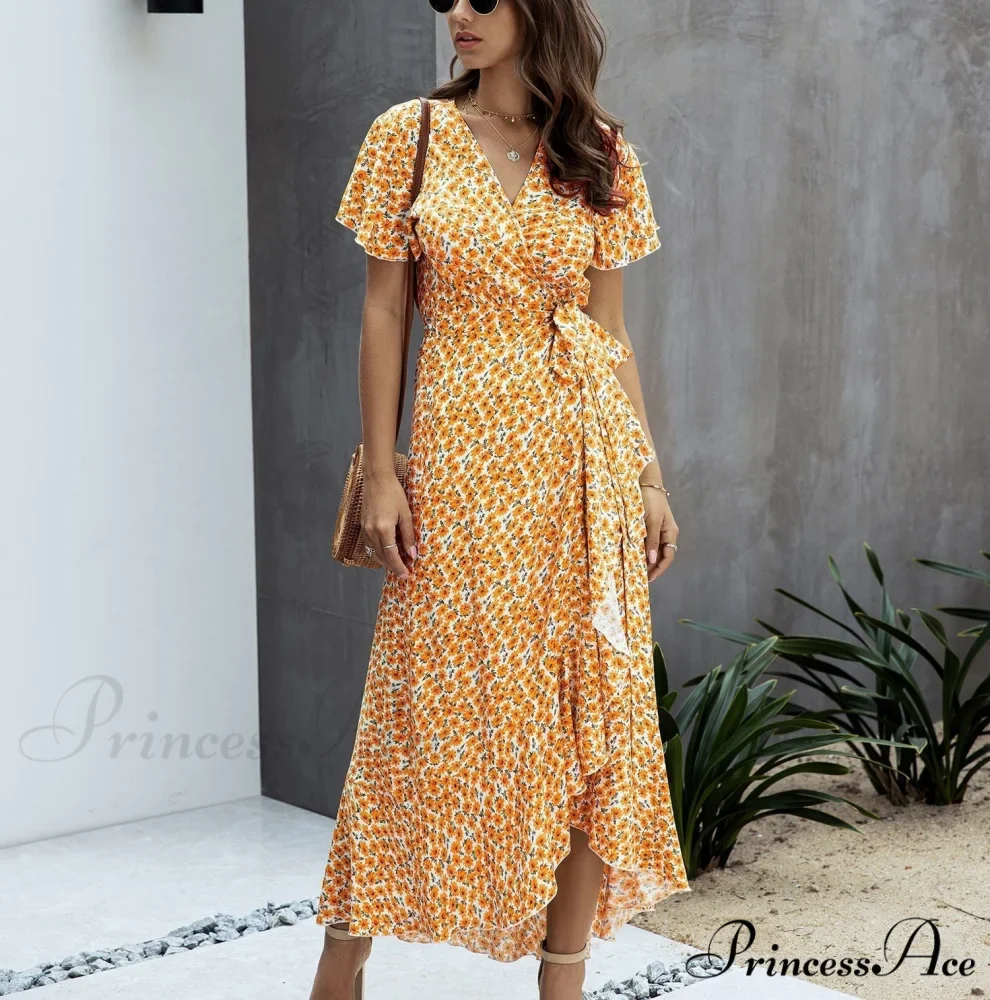 Pink Polka Dot V-Neck Ruffle Short-Sleeved Beach Vacation Summer Dress - Image 12