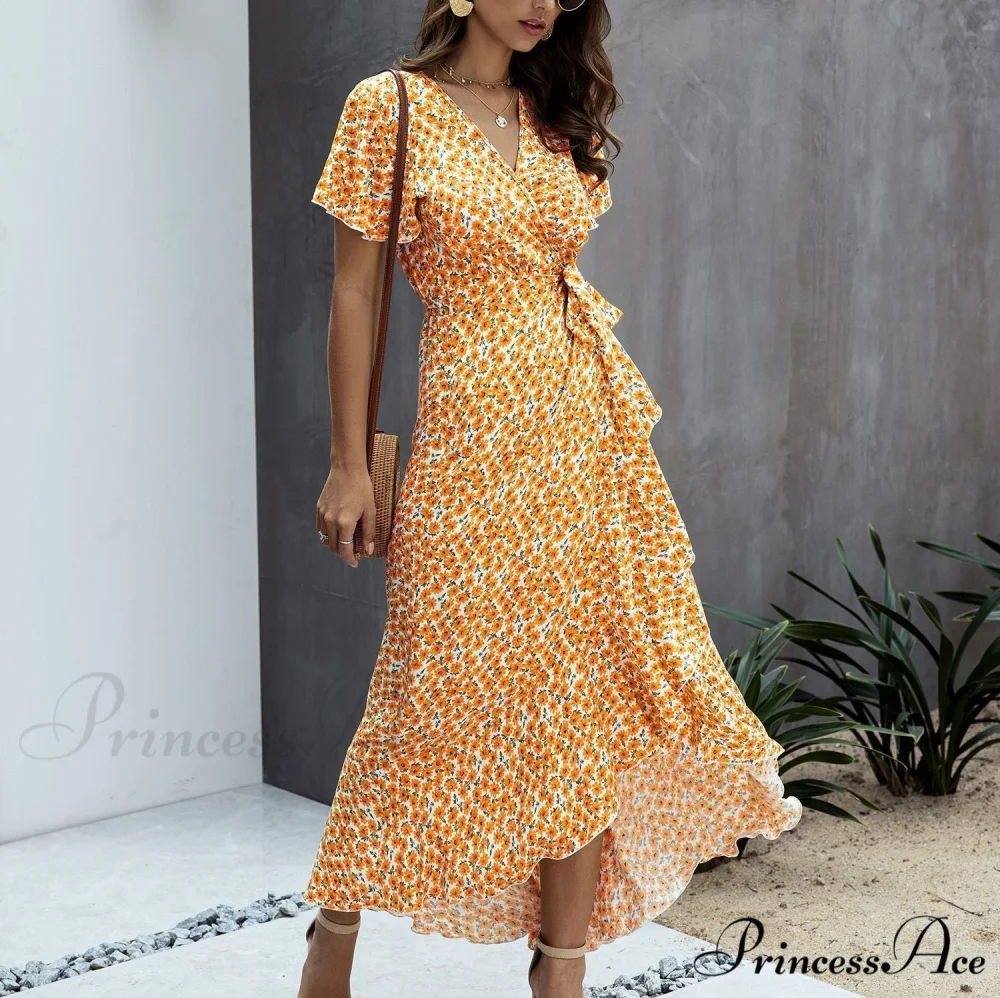 Pink Polka Dot V-Neck Ruffle Short-Sleeved Beach Vacation Summer Dress - Image 13