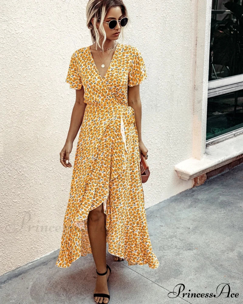 Pink Polka Dot V-Neck Ruffle Short-Sleeved Beach Vacation Summer Dress - Image 15