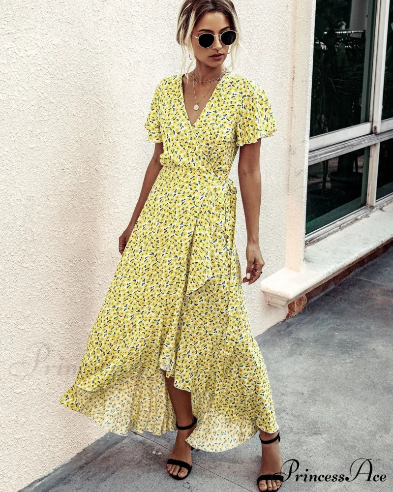 Pink Polka Dot V-Neck Ruffle Short-Sleeved Beach Vacation Summer Dress - Image 17