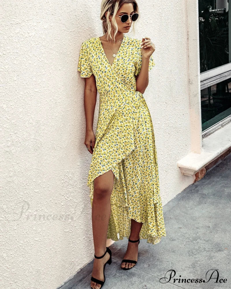 Pink Polka Dot V-Neck Ruffle Short-Sleeved Beach Vacation Summer Dress - Image 18