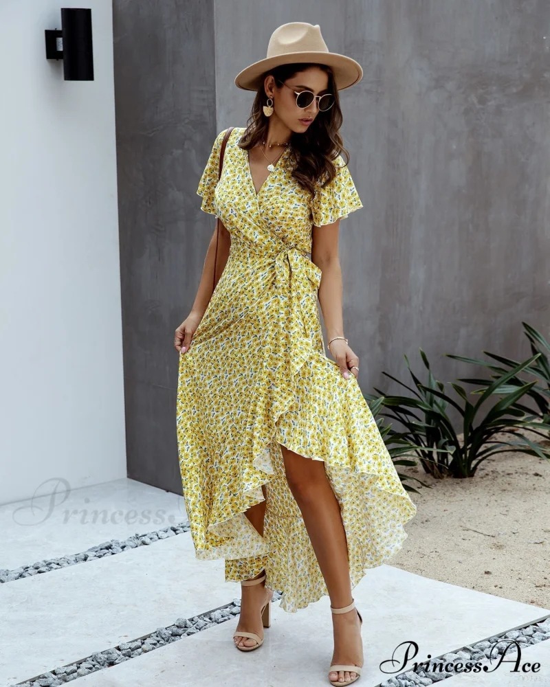 Pink Polka Dot V-Neck Ruffle Short-Sleeved Beach Vacation Summer Dress - Image 19