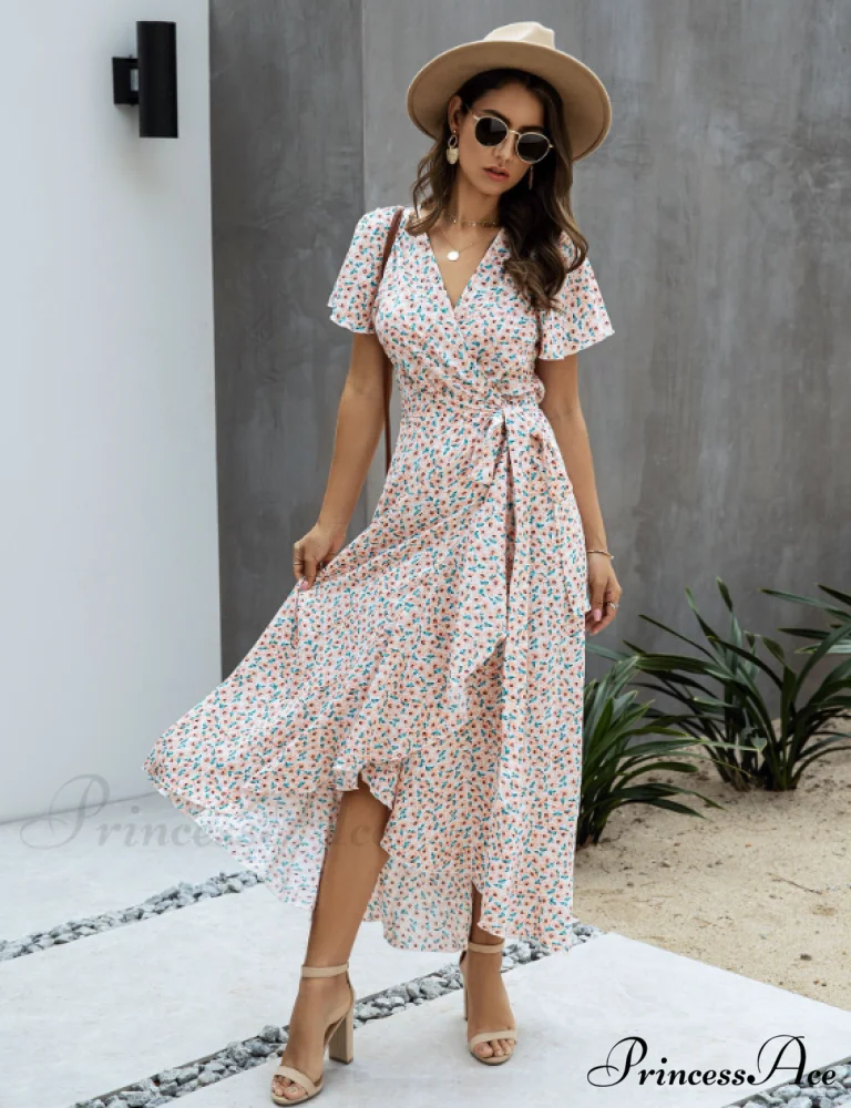 Pink Polka Dot V-Neck Ruffle Short-Sleeved Beach Vacation Summer Dress - Image 2
