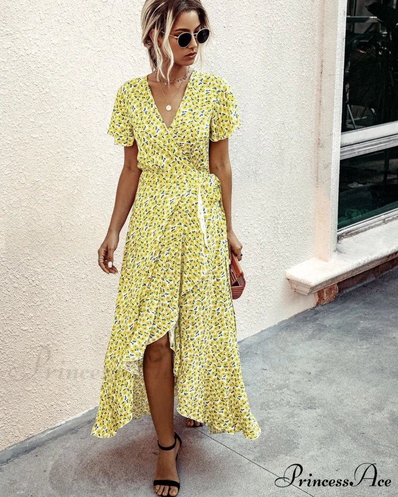 Pink Polka Dot V-Neck Ruffle Short-Sleeved Beach Vacation Summer Dress - Image 20