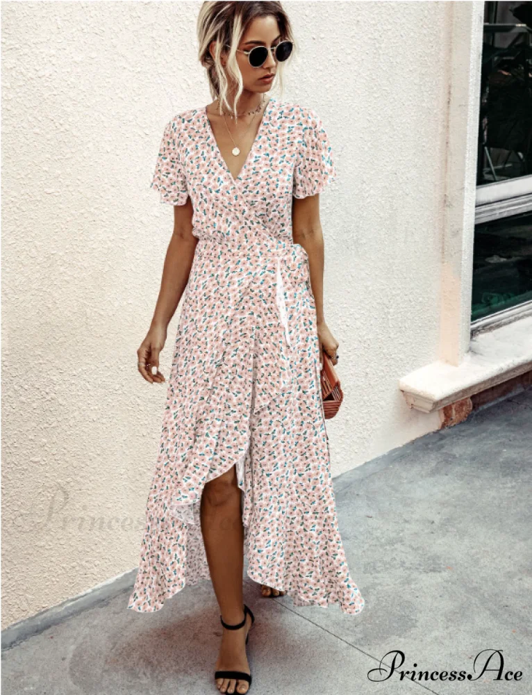 Pink Polka Dot V-Neck Ruffle Short-Sleeved Beach Vacation Summer Dress - Image 4