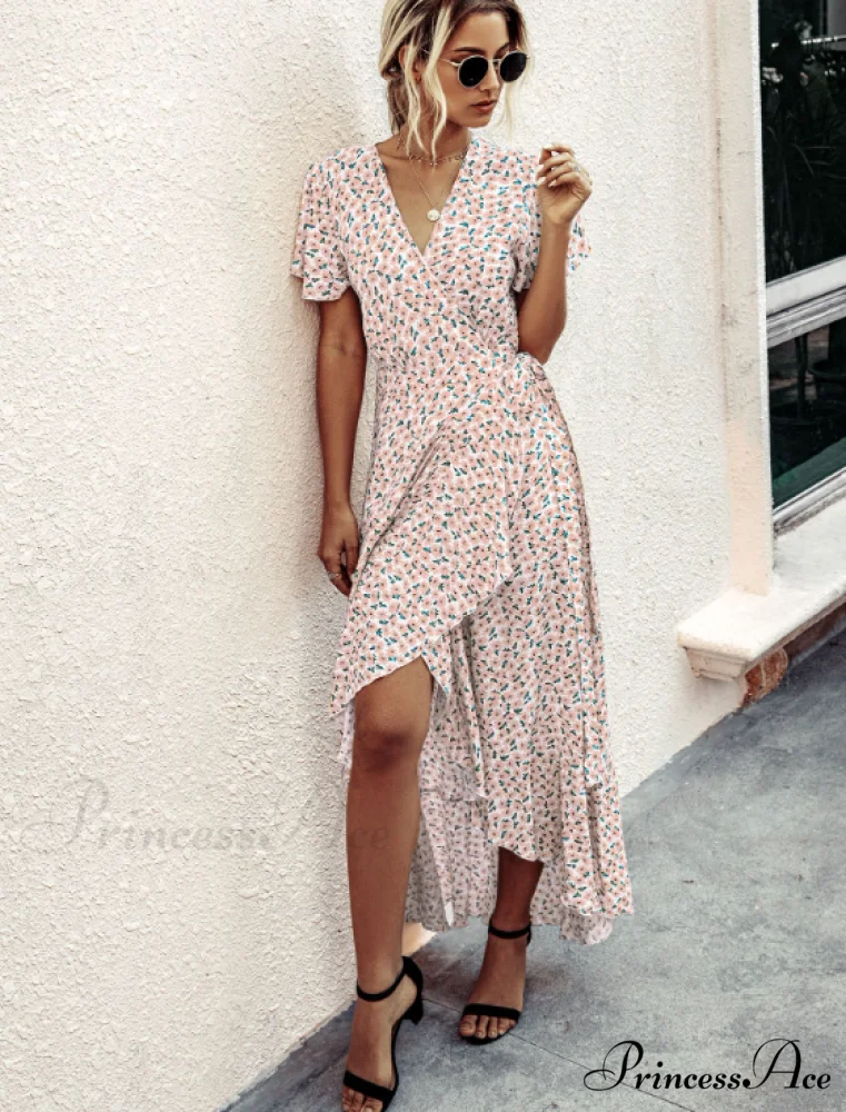 Pink Polka Dot V-Neck Ruffle Short-Sleeved Beach Vacation Summer Dress - Image 5