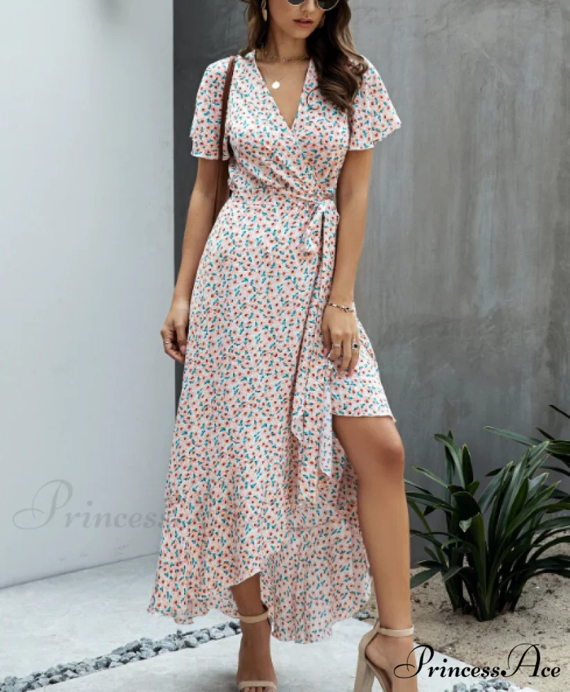 Pink Polka Dot V-Neck Ruffle Short-Sleeved Beach Vacation Summer Dress - Image 6