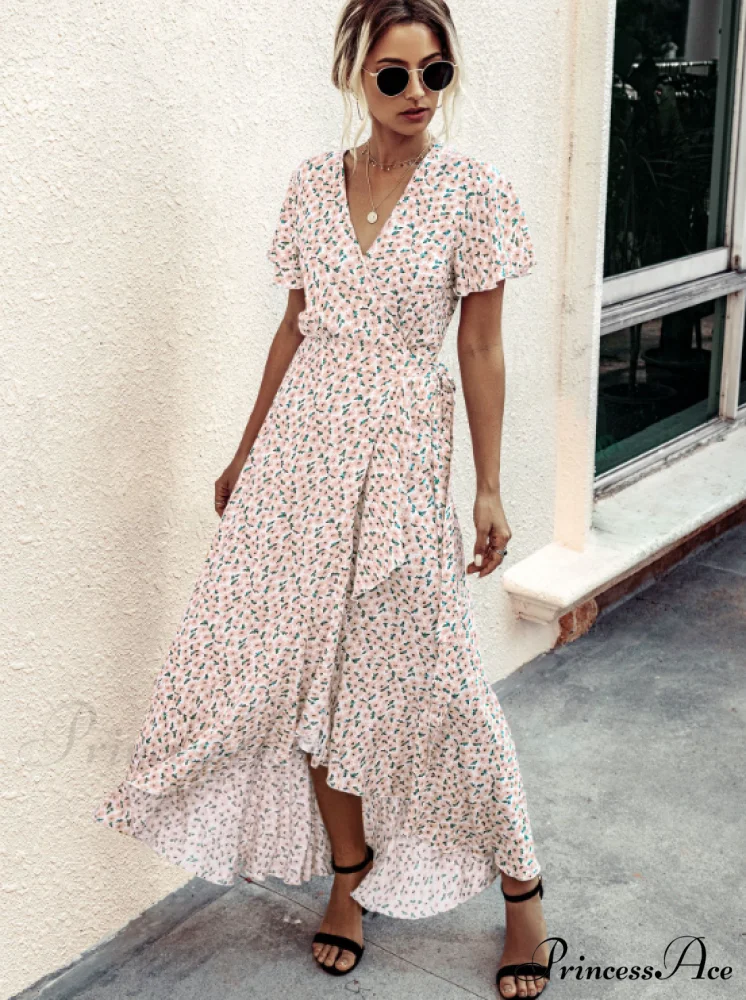 Pink Polka Dot V-Neck Ruffle Short-Sleeved Beach Vacation Summer Dress - Image 7