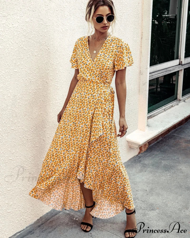 Pink Polka Dot V-Neck Ruffle Short-Sleeved Beach Vacation Summer Dress - Image 9