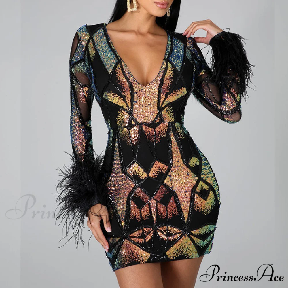 Patchwork Print Skinny Ostrich Feather Sequins Party Dress - Image 2