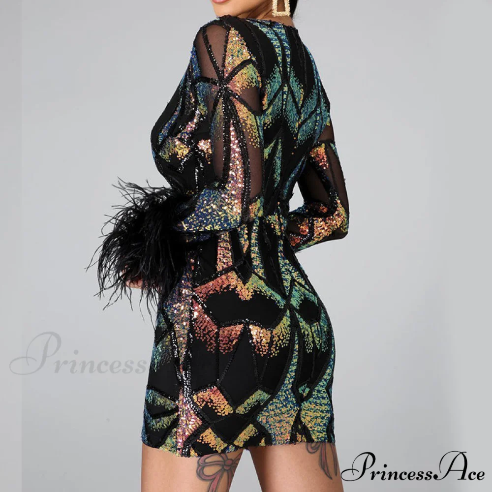 Patchwork Print Skinny Ostrich Feather Sequins Party Dress - Image 3
