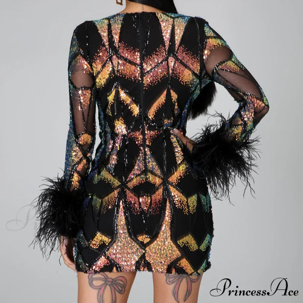 Patchwork Print Skinny Ostrich Feather Sequins Party Dress - Image 4