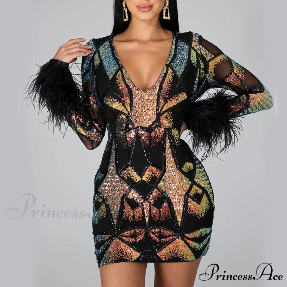 Patchwork Print Skinny Ostrich Feather Sequins Party Dress - Image 5