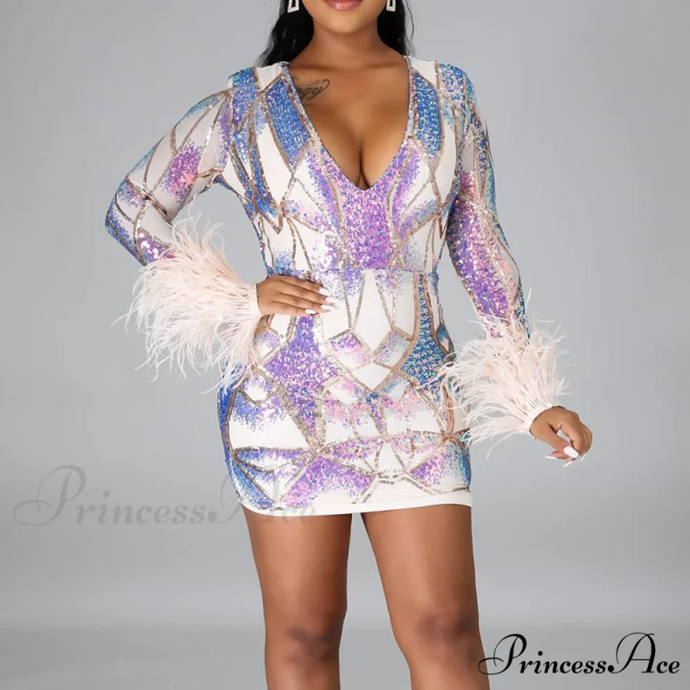 Patchwork Print Skinny Ostrich Feather Sequins Party Dress - Image 7