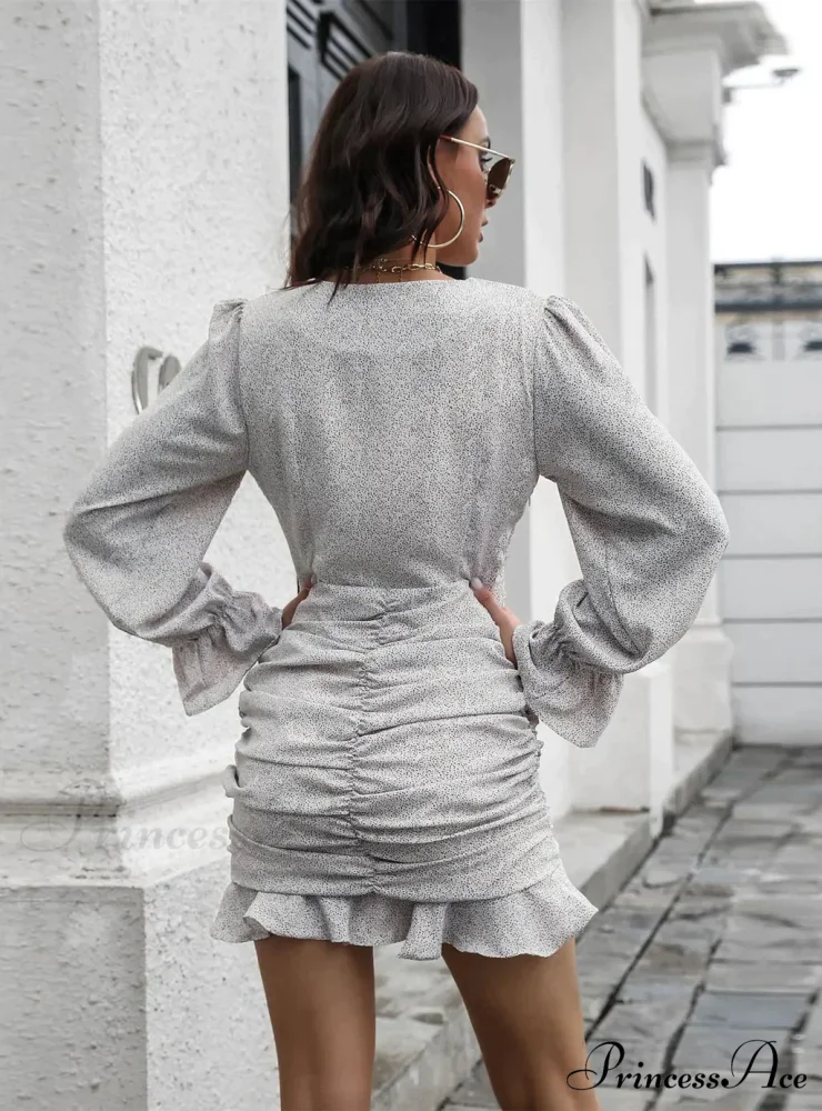 V-Neck Flounce Printed Chiffon Dress with Pleats - Image 5