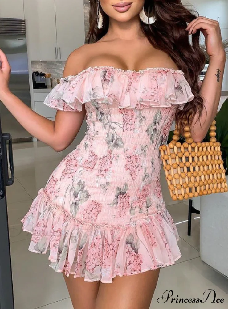 Pink Floral Ruffles Off Shoulder Dress - Image 2