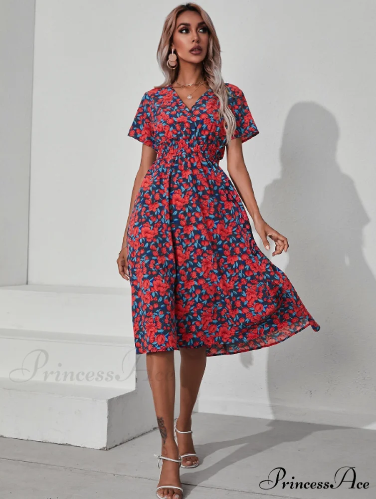 Pink Retro Casual V-Neck Short-Sleeved A-Line Beach Dress - Image 10