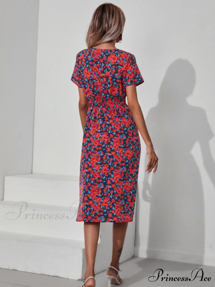 Pink Retro Casual V-Neck Short-Sleeved A-Line Beach Dress - Image 11