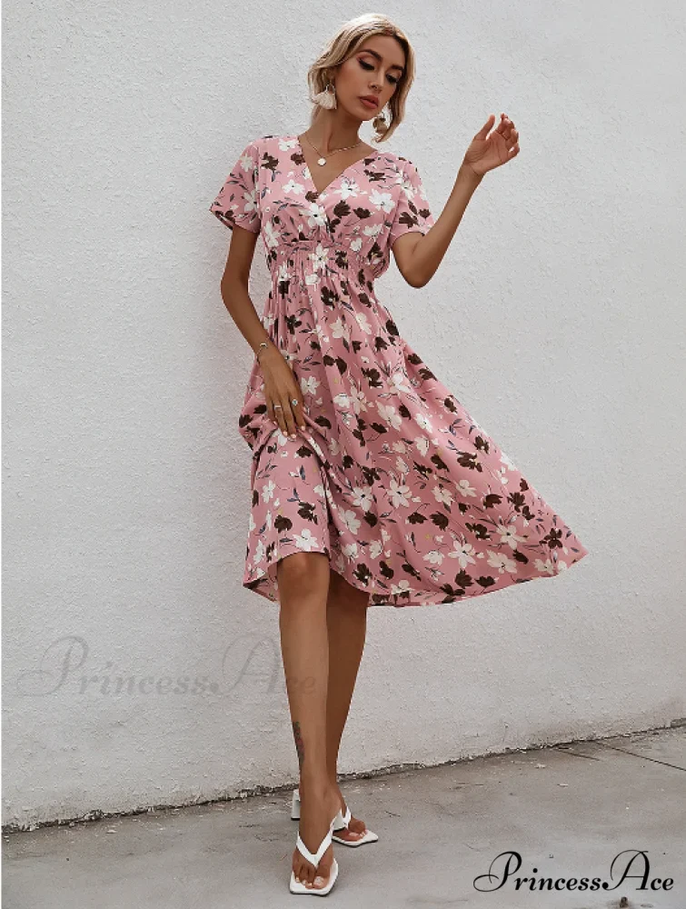 Pink Retro Casual V-Neck Short-Sleeved A-Line Beach Dress - Image 5