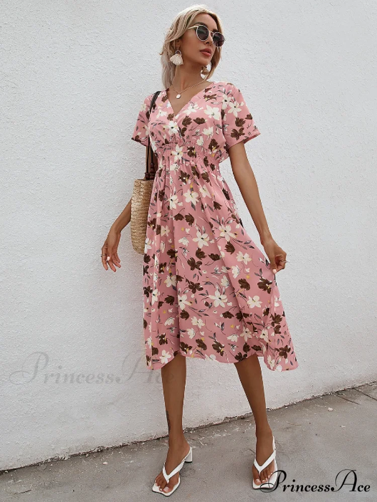 Pink Retro Casual V-Neck Short-Sleeved A-Line Beach Dress - Image 6