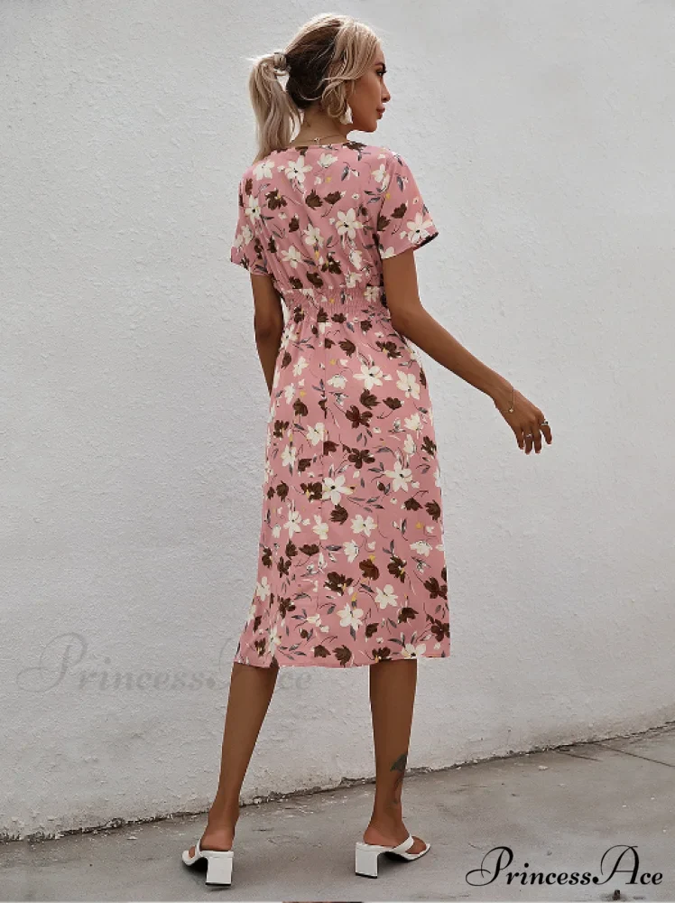Pink Retro Casual V-Neck Short-Sleeved A-Line Beach Dress - Image 7