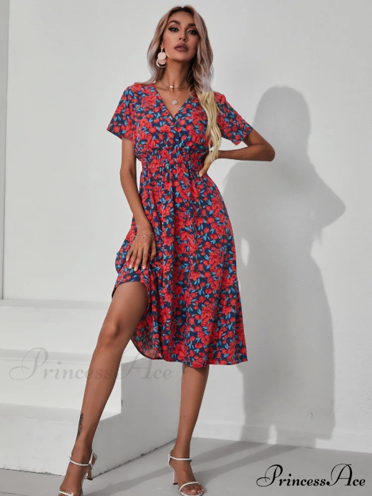 Pink Retro Casual V-Neck Short-Sleeved A-Line Beach Dress - Image 8