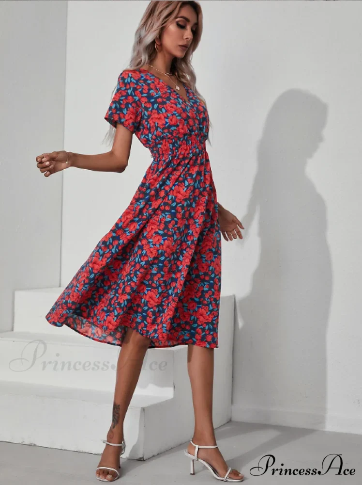 Pink Retro Casual V-Neck Short-Sleeved A-Line Beach Dress - Image 9
