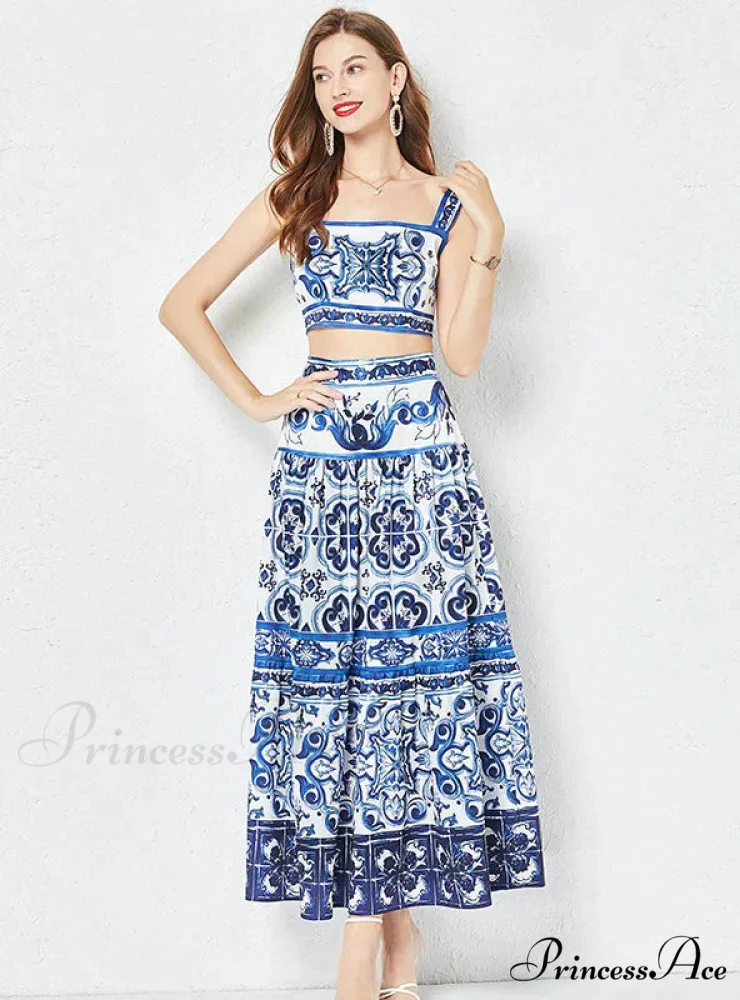 Porcelain Printed Top and Pleated Skirt Set - Image 2