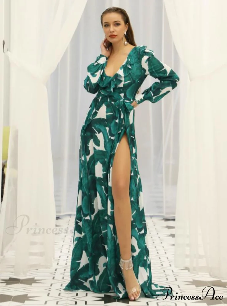 Beach Skirt Long Sleeve Dress with Waist Strap and Flounces - Image 2