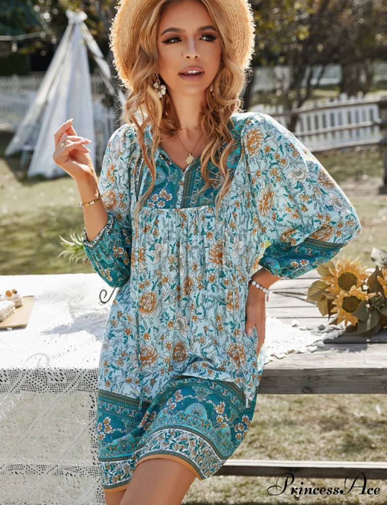 Boho Beach Dress Female Vintage Dress Printed Mini Casual 3/4 Sleeve Loose Elegant - Image 10
