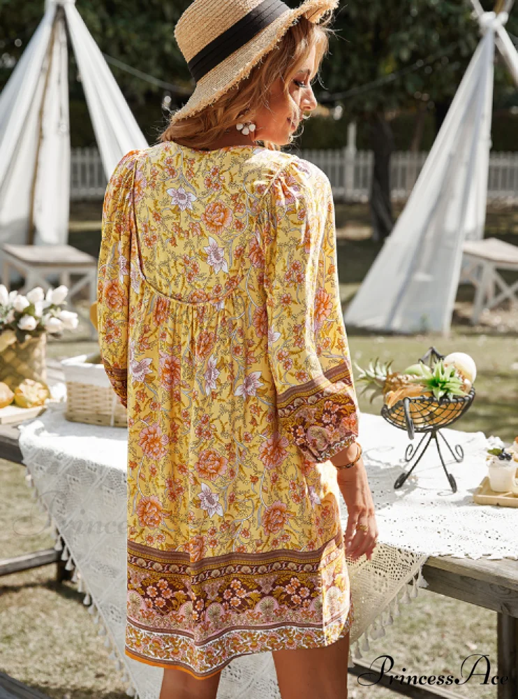 Boho Beach Dress Female Vintage Dress Printed Mini Casual 3/4 Sleeve Loose Elegant - Image 13