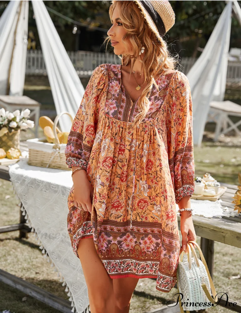 Boho Beach Dress Female Vintage Dress Printed Mini Casual 3/4 Sleeve Loose Elegant - Image 14