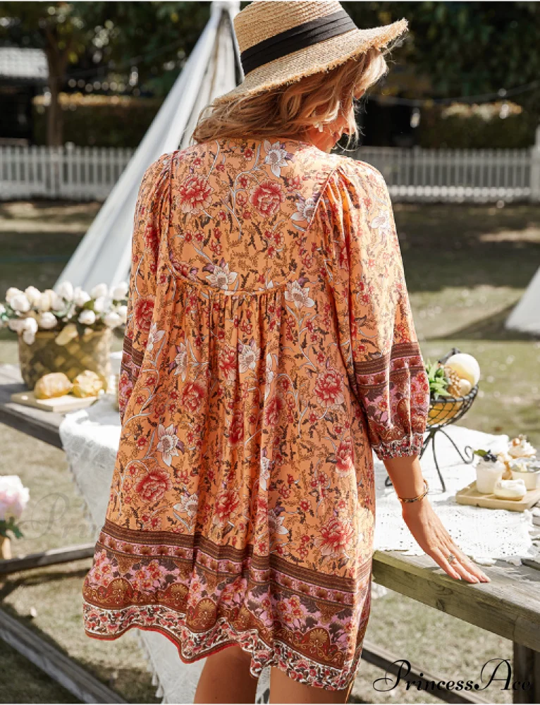Boho Beach Dress Female Vintage Dress Printed Mini Casual 3/4 Sleeve Loose Elegant - Image 16