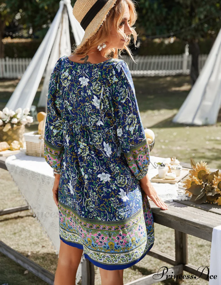 Boho Beach Dress Female Vintage Dress Printed Mini Casual 3/4 Sleeve Loose Elegant - Image 3