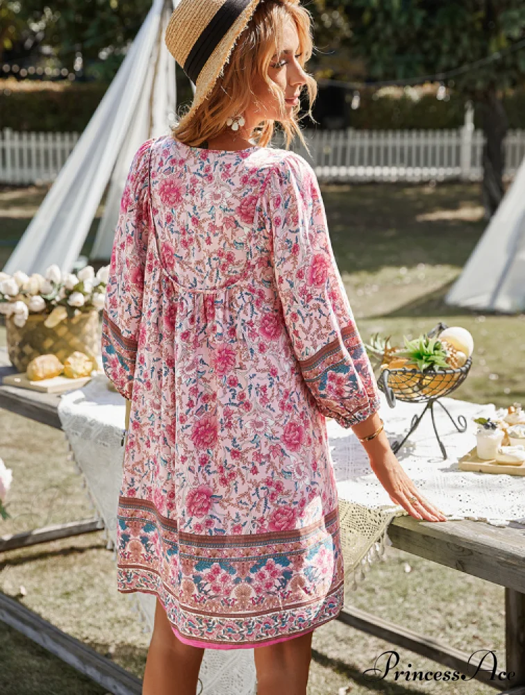 Boho Beach Dress Female Vintage Dress Printed Mini Casual 3/4 Sleeve Loose Elegant - Image 6