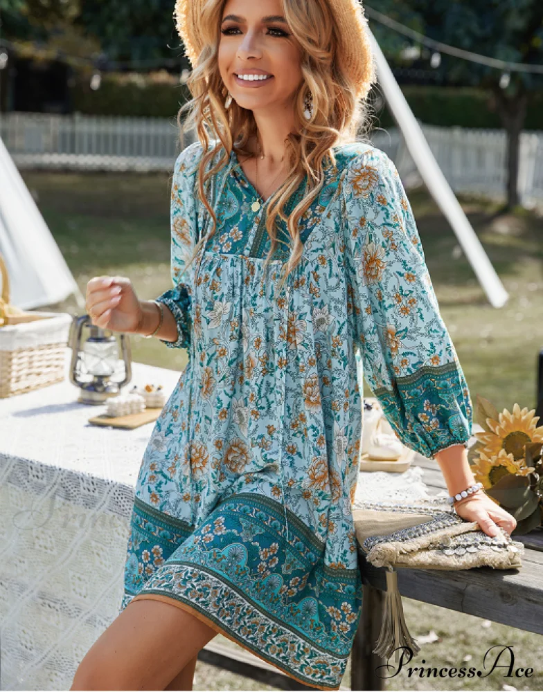Boho Beach Dress Female Vintage Dress Printed Mini Casual 3/4 Sleeve Loose Elegant - Image 9