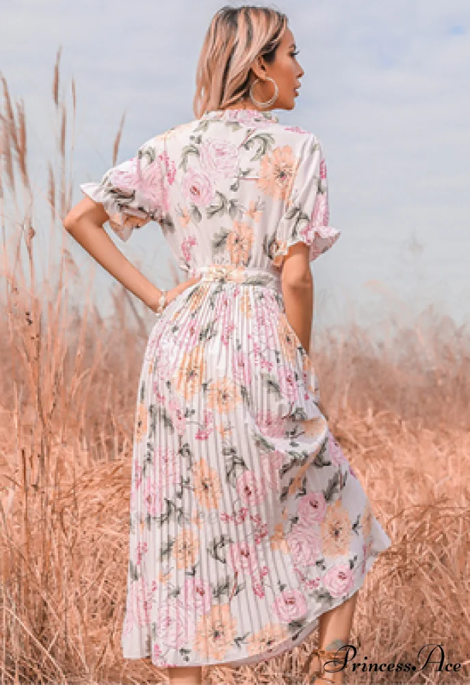 Ruffle Neck Short Sleeve Printed Folds Dress - Image 2