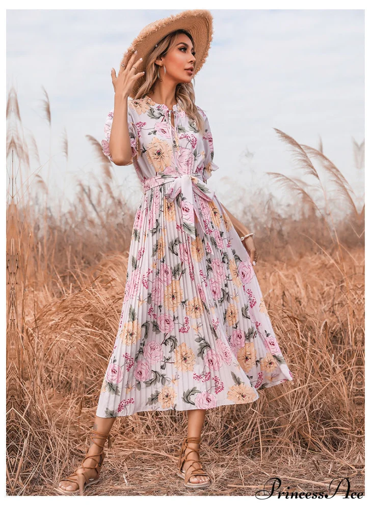 Ruffle Neck Short Sleeve Printed Folds Dress - Image 3