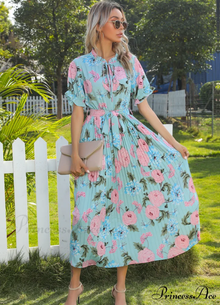 Ruffle Neck Short Sleeve Printed Folds Dress - Image 4
